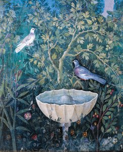 Detail van fontein en vogels uit een tuin schilderij, Huis van de Gouden Armband, Pompeii