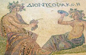 Dionysus adviseert de nimf Akme, Huis van Dionysos, Paphos, Cyprus (mozaïek) door Roman