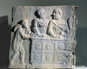 Fragment van sarcofaag met geldwisselaar, uit Rome, Viale del Re door Roman