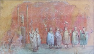 Frescofragment van een kalender die kinderen in een processie uitbeeldt, mogelijk de vieringen van de verjaardag van keizer Severus en de maand april vertegenwoordigt, derde eeuw na Christus