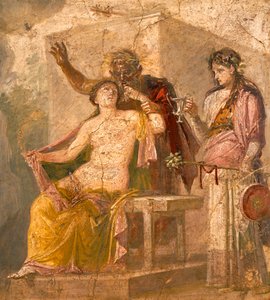 Fresco met een erotisch onderwerp dat een Dionysische scène uit Pompeii afbeeldt door Roman