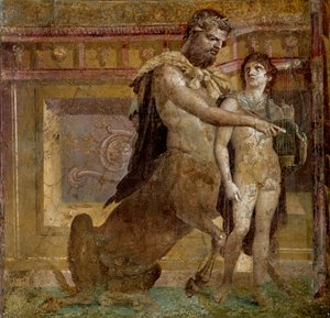 Griekse mythologie: de centaur Chiron en Achilles als kind. Fresco uit de Basiliek van Herculanum. Romeinse kunst Napels, Museo Archeologico Nazionale