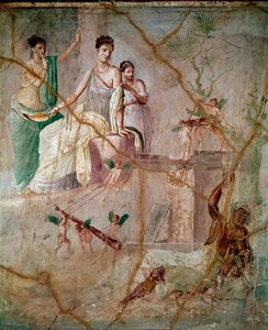 Herakles en Omphale (Hercules en Omphale) Romeinse fresco van de 3e Pompeiaanse stijl uit Pompeii (fresco uit Pompeii) 40-60 n.Chr. Dim 88x103 cm bewaard in het Nationaal Archeologisch Museum van Napels, Italië door Roman