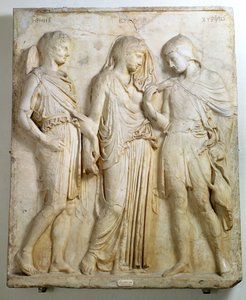 Hermes, Orpheus en Eurydice, reliëf, Romeinse kopie van een Grieks origineel uit de 5e eeuw v.Chr.
