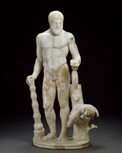 Marmeren beeldje van Hercules en het Erymanthische zwijn (marmer)