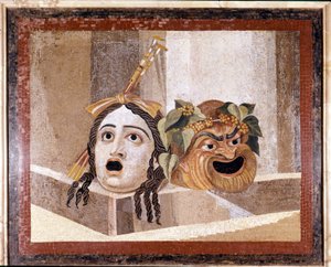 Masker van het Romeinse theater. Mozaïek uit de 2e eeuw na Christus. Uit de Baden van Decius op de Aventijn, Rome. Musei Capitolini, Rome