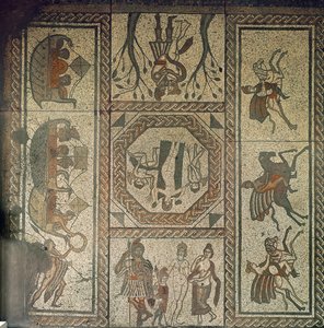 Mozaïekvloer uit de Romeinse villa in Low Ham, met het verhaal van Dido en Aeneas uit Vergilius