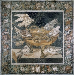 Mozaïek uit Pompeii met een groep duiven op de rand van een labrum