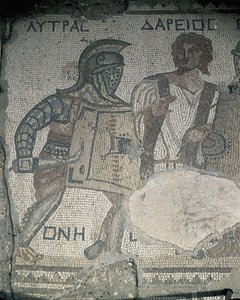 Schilderij van twee gladiatoren op een mozaïekmuur, Kourion, Limassol, Cyprus