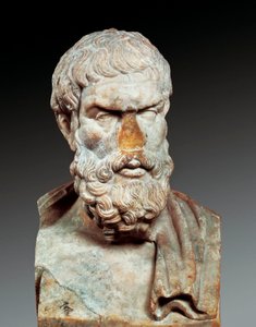Portret van Epicurus (341-ca. 270 v.Chr.), Griekse filosoof, ca. 100-150 n.Chr. (marmeren buste)