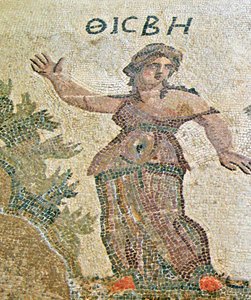 Pyramus en Thisbe, detail van Thisbe, Huis van Dionysos, Paphos, Cyprus mozaïek