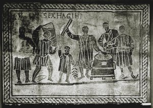 ROMEINSE KUNST: Het meten van het graan (maïs). Het graan dat Gaius Gracchus ..., 2de eeuw n.Chr. (mozaïek) door Roman