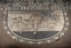 De verkrachting van Europa, vloermozaïek uit Lullingstone Romeinse Villa, ca. 82 AD, Eynsford, Kent, Engeland, Verenigd Koninkrijk, Romeinse beschaving