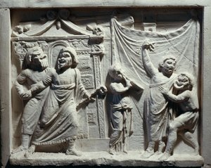 Reliëf van theaterscène uit de komedie 