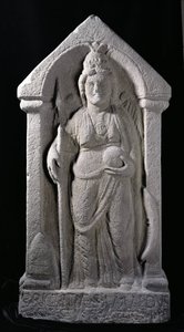 Reliëfsculptuur die Brigantia, een Noord-Britse inheemse godin, als een Romeinse godin afbeeldt, uit Birrens, Middlebie, Dumfriesshire door Roman