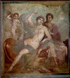 Voorstelling van Ares en Aphrodite, vergezeld door liefdes die spelen met de wapens van de god. Fresco uit de Villa van Mars en Venus in Pompeii. 1e eeuw n.Chr. Archeologisch Museum van Napels door Roman