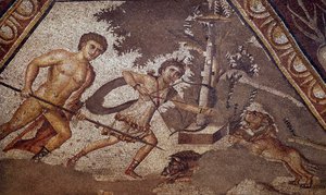 Romeinse kunst: Mozaïek van de seizoenen uit de binnenplaats van de Constantijnse villa van Daphne die twee jagers voorstelt. Detail. Uit de Faubourg van Antiochië aan de Orontes (het huidige Antakya in Syrië). 325-330 na Christus. Parijs, Musee du Louvre
