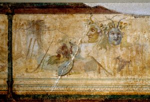 Romeinse kunst: Stilleven met theatermaskers (detail)