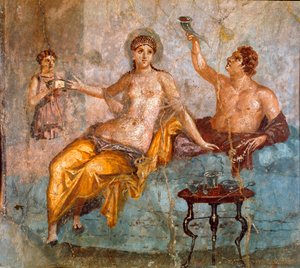 Romeinse kunst: banketscène, een jonge man en een courtisane. Romeinse fresco van de 4e Pompeïaanse stijl van de site van Ercolano (Herculaneum) 60-80 AD door Roman