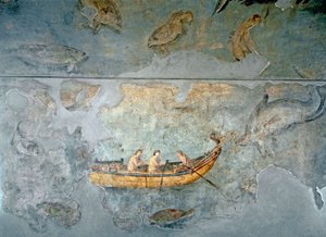 Romeinse kunst: vissers op een boot Fresco uit een huis gelegen nabij een rivierhaven van Rome. 131 AD. Rome, Museo Nazionale Romano (o delle Terme) door Roman