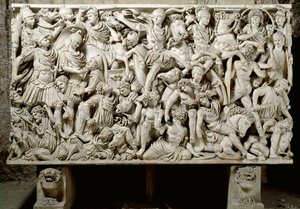 Romeinse kunst: sarcofaag Ludovisi met gevechtsscène tussen de Romeinen en de barbaren - 3e eeuw na Chr., Dim. 153x273 cm - Rome, Museo Nazionale Romano - Ostiliano, zoon van keizer Decius (201-51 na Chr.) omringd door cavalerie, van de Slag tussen Romeine door Roman