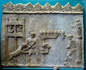 Romeinse Rijk Kunst van de Oudheid. Venatio: Gladiatorengevecht tegen de beesten. Beeldhouwwerk door Roman
