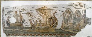 Romeinse oudheid: Odysseus op zijn boot weerstaat het lied van de Sirenen (Odyssee van Homerus) Mozaïek. 250-270 n.Chr. Tunis, Nationaal Bardo Museum