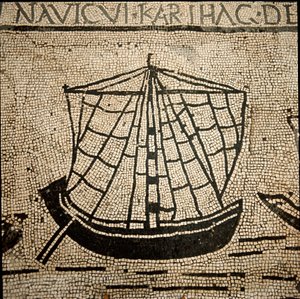 Romeinse kunst: vrachtschip. Mozaïek van de 3e eeuw n.Chr. Ostia, Piazzale delle Corporazioni. Italië - Romeinse kunst: een schip geladen met goederen. Vloermozaïek. 3e eeuw v.Chr. Piazzale delle Corporazioni, Ostia, Italië door Roman