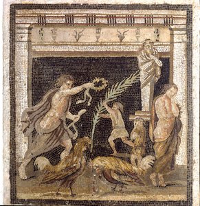 Romeinse kunst: hanengevecht in een palestra in aanwezigheid van de personificaties van Nederlaag en Overwinning. Mozaïek uit Villa du Labyrinth in Pompeii. Museo Archeologico Nazionale, Napels door Roman