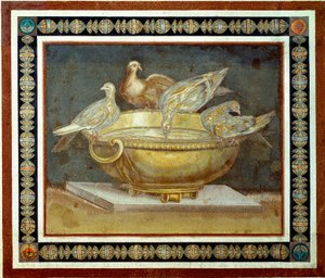 Romeinse kunst: vier duiven drinken uit een fontein