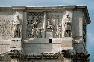 Romeinse kunst: laag marmeren reliëf dat de verdeling van subsidies aan het volk en de overgave van een barbaarse leider voorstelt door Roman