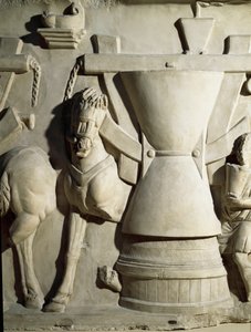 Romeinse kunst: laag reliëf dat een molenwiel toont. 1e eeuw n.Chr. Rome Museo della Civiltà Romana door Roman