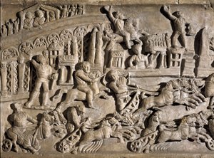 Romeinse kunst: laag reliëf dat wagenrennen voorstelt in het Circus Maximus in Rome. 2e eeuw n.Chr. Rome, Museo della Civilta Romana door Roman