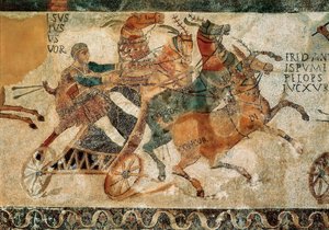 Romeinse kunst: mozaïek dat een man op een wagen getrokken door vier paarden (quadriga) tijdens een race in een circus voorstelt, c.4e eeuw