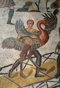 Romeinse kunst: het transport van struisvogels op schepen naar Rome. Detail van mozaïek van 