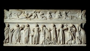 Sarcophagus des Muses: voorstelling van muzen godinnen van kunst en letters. Marmeren beeldhouwwerk. 150 n.Chr. door Roman