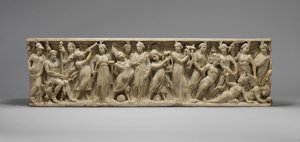 Sarcophagus met de Wedstrijd tussen de Muzen en de Sirenen, laat 3e eeuw door Roman