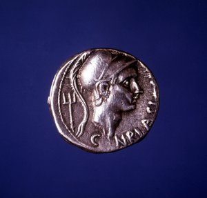 Zilveren munt met de beeltenis van Scipio de Afrikaan (235 v.Chr. - 183 v.Chr.). door Roman