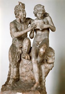 Statuette van de god Pan die de herder Daphnis fluit leert spelen. Romeinse marmeren sculptuur naar een Grieks origineel. Nationaal Archeologisch Museum van Napels door Roman