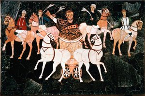 De Romeinse consul Iulius Annius Bassus vertegenwoordigt op een detail quadriga van de sectile opus plaat uit de 4e eeuw. Basiliek van Junius Bassus (Basilica Iunii Bassi), Esquilin in Rome. Bewaard in het Conservatori Museum, Rome door Roman