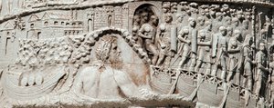 De Romeinse legioenen varen in Ancona onder de bescherming van Neptunus. Detail van de zuil van Trajanus (Colonna Traiana) in Rome, gebouwd tijdens het bewind van keizer Trajanus (53-117). De Trajanus-zuil herdenkt de overwinningstochten van de keizer