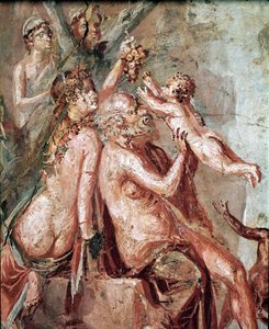 De jeugd van Dionysus met Satyr en Silene (fresco) door Roman