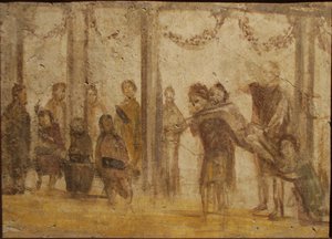 De straf van een leerling. Fresco uit het huis van Julia Felix, 1e eeuw door Roman Pompeian wall painting.