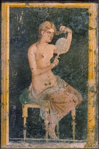 Vrouw met een Spiegel, 1e helft 1e eeuw na Christus door Roman Pompeian wall painting.