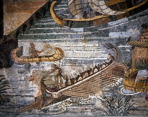 Een Romeinse bireem (soort galei met twee rijen). Detail van een mozaïek in Palestrina.