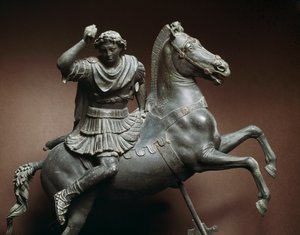Alexander de Grote (356-323 v.Chr.) te paard. Het paard zou Bucephale zijn. Bronzen sculptuur naar een origineel van Lysippe van Sicyone (395-305 v.Chr.) Napels, Nationaal Archeologisch Museum