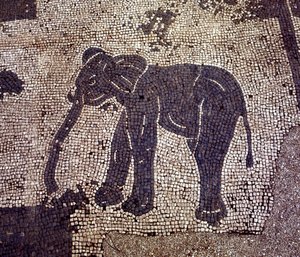 Oud Ostia. Plein van de Corporaties. Mozaïek van de Sabratha Zeelieden Corporatie