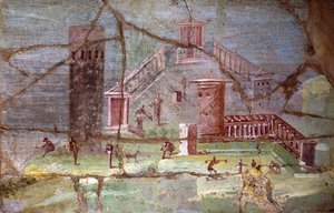 Oude Romeinse fresco met landschap uit Pompeii door Roman Roman