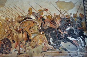 Detail van een mozaïek van Pompeii: Slag bij Issos tussen Alexander en Darius (4e eeuw v.Chr.). - Koning Darius III Codoman (380-330 v.Chr.), op zijn strijdwagen - opus vermiculatum - Archeologisch Museum van Napels, Italië - Museo Archeologico Nazionale,