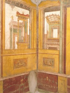 Detail van fresco muur in faux architectuur, Huis van Vettii, Pompeii, Campania, Romeinse Beschaving